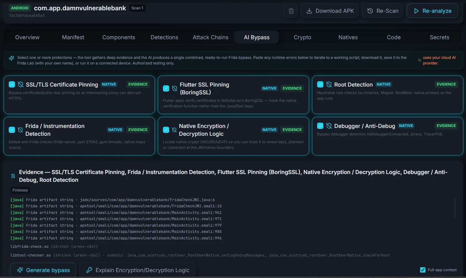 AI Bypass tab: six cyan-bordered protection cards (SSL pinning, Flutter BoringSSL, root, Frida, native crypto, anti-debug) with a native evidence log.