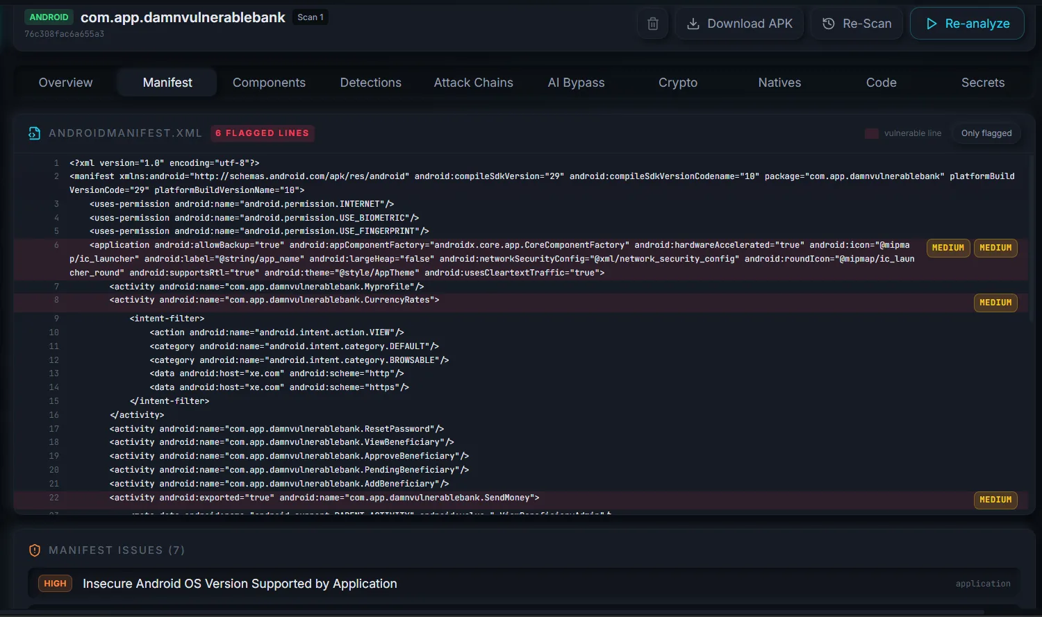 AndroidManifest.xml with six flagged lines and MEDIUM severity badges.