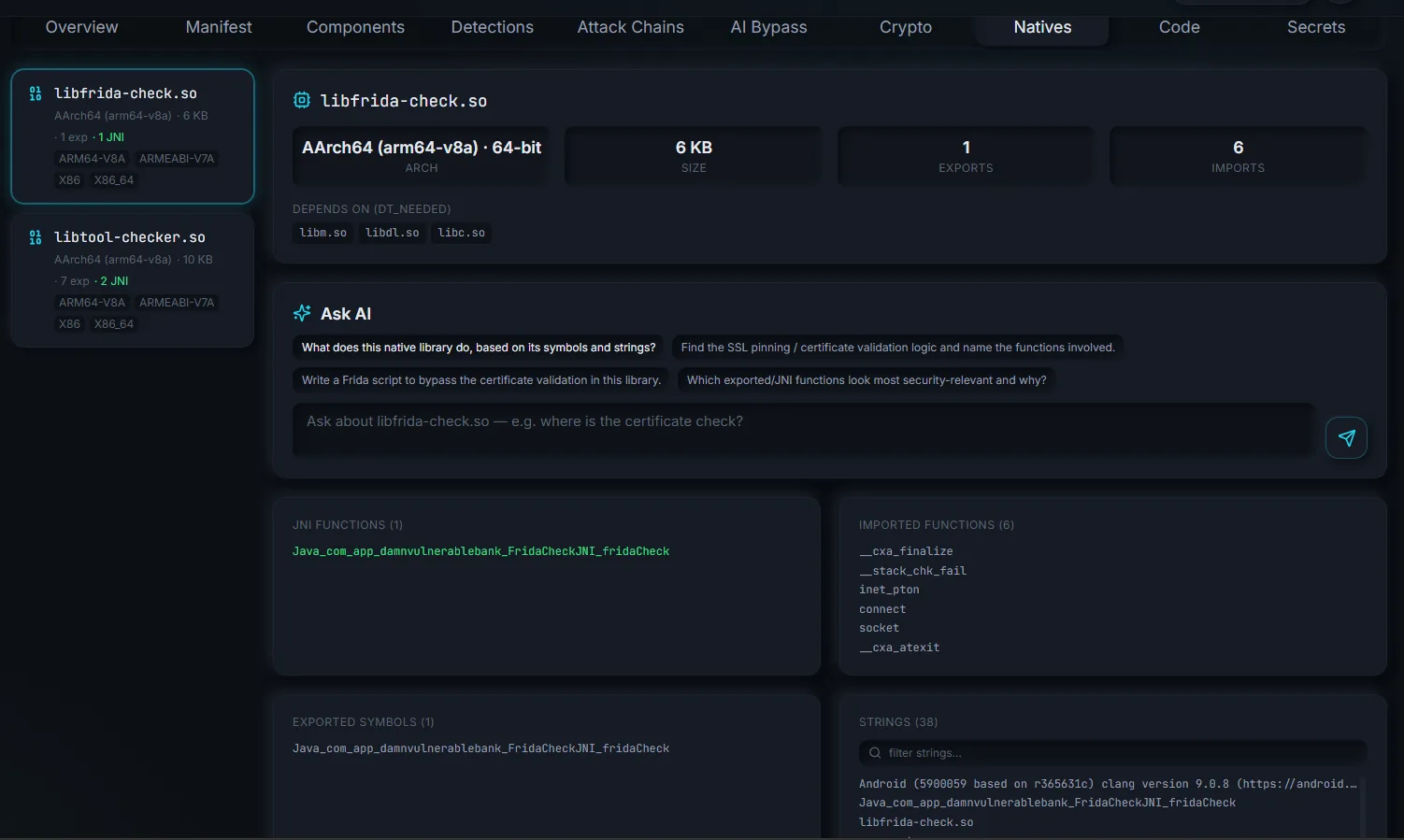 Native libraries: an ELF card with architecture, exports and imports.