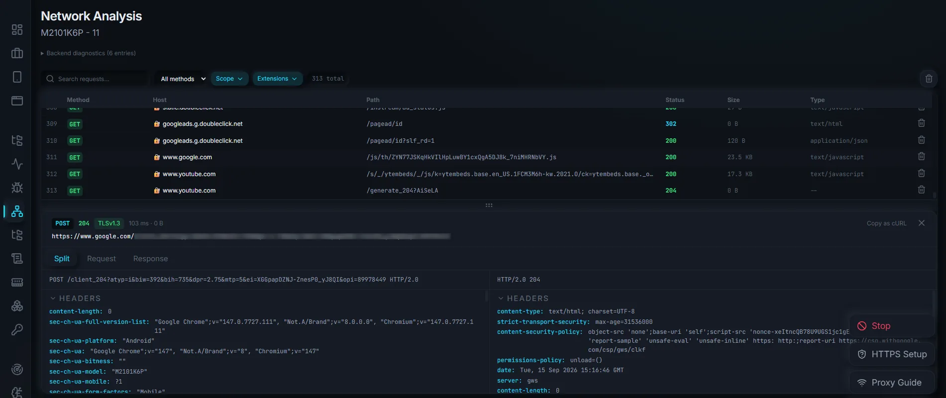 Network Analysis: a flow table of HTTP/HTTPS requests with a split request/response inspector.
