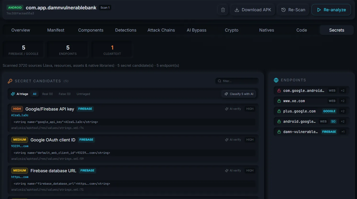 Secrets tab: a masked Google/Firebase API key with AI triage.